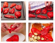 Red peppers being peeled for a vegetable bake