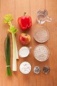 Ingredients for making spicy muesli with vegetables and cottage cheese