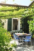 Table and chairs on terrace amongst flowering plants and climbers