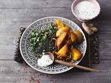 Indian potatoes with ginger spinach and chilli yoghurt (Sirtfood)