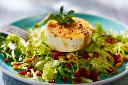 Baked sheep's cheese on a shredded cucumber salad