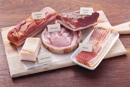 Various types of ham and bacon (raw, smoked, green)