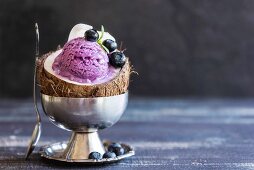 Homemade blueberry ice cream in a coconut shell