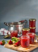 Homemade rhubarb jam in various jars