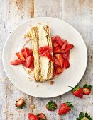 Flaky pastry slice with ricotta and strawberry and rhubarb compote