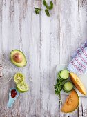 Chilli flakes, squeezed lime, avocado, cucumber, melon and mint