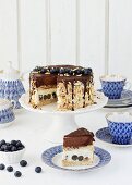 Egg liqueur chocolate cake with blueberries, sliced