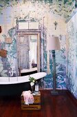 Artistically painted wood paneling in bohemian bathroom