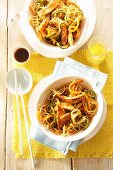 Fried mie noodles with chicken breast, carrot and ginger