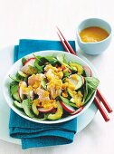 Spinatsalat mit Thunfisch, Gurken und Radieschen serviert mit Miso-Karotten-Dressing