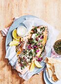 Middle Eastern Baked Trout with Tahini Dressing