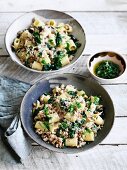 Rigatoni mit Hühnerragout und grüner Sauce