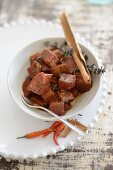 Red wine infused aubergines with thyme and cinnamon bark