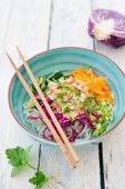 Rice noodle salad with vegetables and peanut sauce