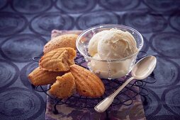 Cream cheese ice creams and madeleines