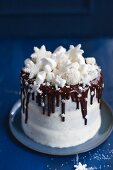 Snowflake Cake mit Mini-Marshmallows, Fondant-Schneeflocken und Kokospralinen