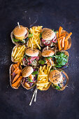 Various mini burgers and french fries