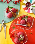 Raspberry ice cream with cornflake brittle