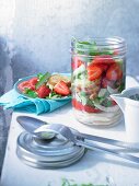 Gazpacho style bread salad with strawberries in a glass