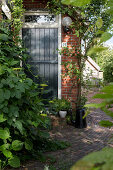 Brick path leading to climber-covered house with garden door
