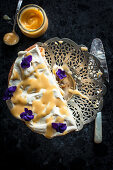 Lemon Curd and Creme Fraiche cake, decorated with violets