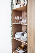 Glasses and crockery on wooden shelves with trailing plant hanging down one side