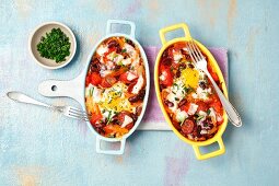 Shakshuka with chorizo, kidney beans and goat's cheese