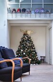 Decorated Christmas tree under mezzanine