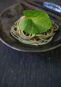 Wasabi noodles with a wasabi leaf