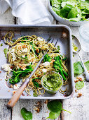 Spinach and broccolini pasta with rocket and walnut pesto