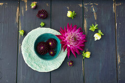 Dahlias in bowl and on wooden surface