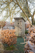 Outhouse in wintry garden