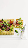 Pea quiche with parmesan, smoked bacon and basil