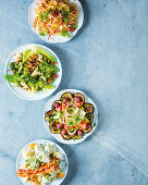 Verschiedene Salate: Rohkostsalat, Blattsalat mit Walnüssen und Blauschimmelkäse, Auberginensalat und Kartoffelsalat
