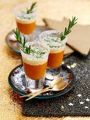 Spicy tomato and basil soup with rosemary in shot glasses (Christmas)