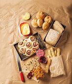 Various light coloured bread, cakes and biscuits
