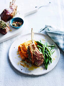 Furikake lamb cutlet with carrot puree and green beans