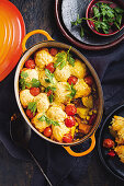 Vegetable casserole with smoked cheddar dumplings