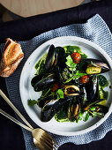 Banksii s mussels in vermouth with green olives and nettle butter