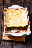 Spinach lasagne in the baking dish