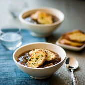 Four onion soup with red wine and Gruyere croutons