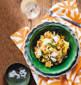 Pappardelle with pumpkin, bacon and torn bread