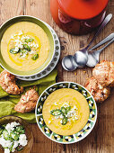 Corn and split pea soup with fetta and tomato damper
