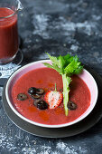 Bloody Mary gazpacho with strawberries and olives for Halloween