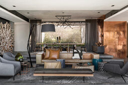 Luxurious, split-level interior in earthy tones