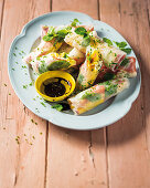 Rice paper rolls with nectarines, Parma ham and ricotta