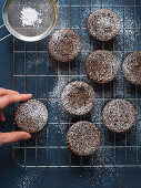 Chocolate chokecherry muffins with icing sugar on blue background