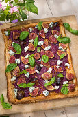 A fig tart with basil and blue cheese