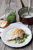 Vegetable strudel with warm chive sauce