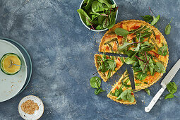 Hot smoked salmon tart with green onion and sesame pastry